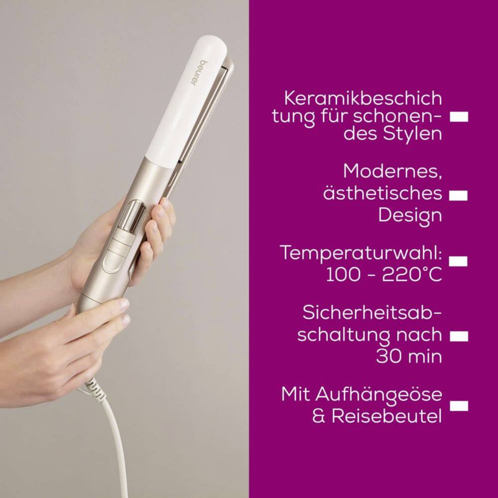 Eine Hand hält einen Glätteisen mit folgenden Merkmalen: Keramikbeschichtung, modernes Design, Temperatur (100-220°C), Abschaltautomatik, Reisetasche.