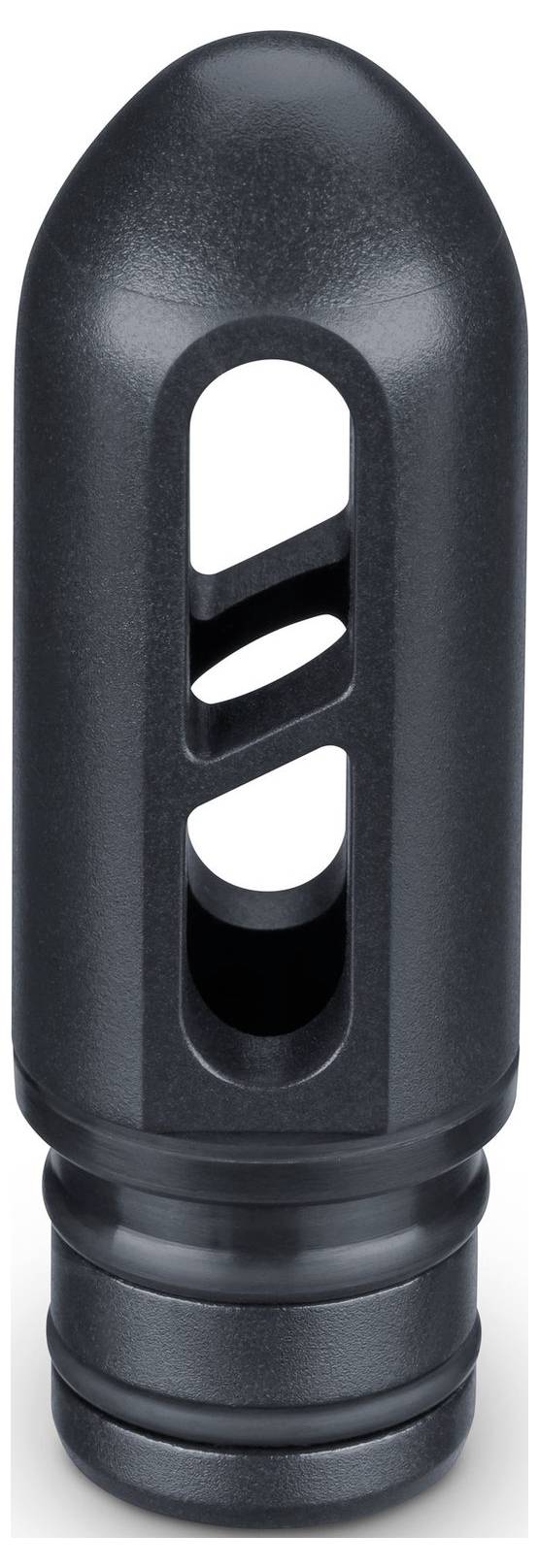 Ein schwarzer Mündungsfeuerdämpfer aus Metall mit ovalen Belüftungsöffnungen zur Reduzierung des Rückstoßes und zur Stabilisierung einer Schusswaffe.