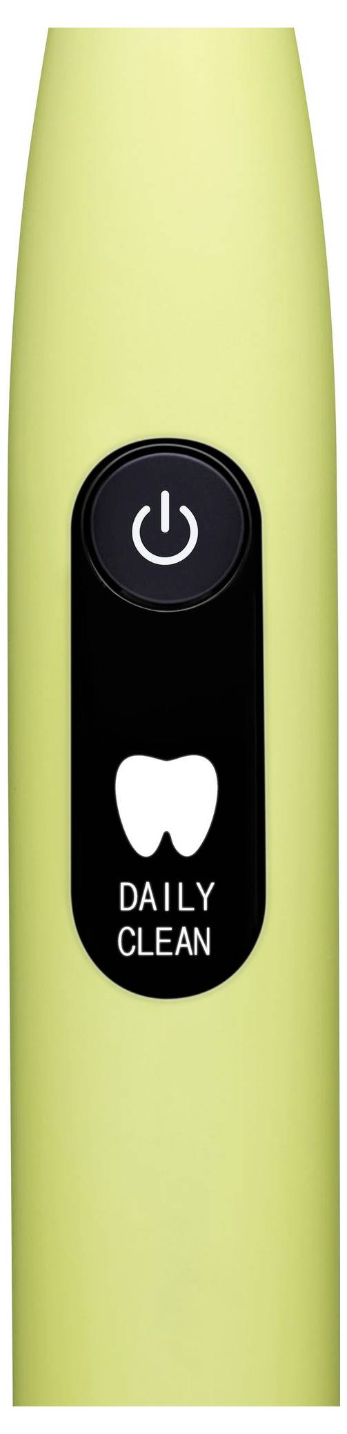 Eine gelbe Zahnbürste mit einem schwarzen Ein/Aus-Schalter, der mit „Daily Clean" beschriftet ist, ist zu sehen, entwickelt für die tägliche Zahnpflege.