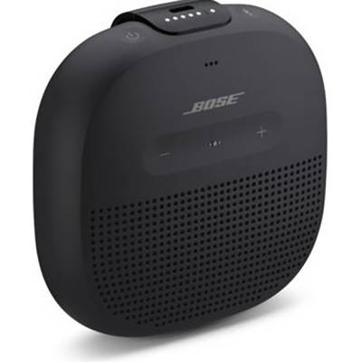 Ein schwarzer, tragbarer Bluetooth-Lautsprecher mit Lautstärkereglern und einem Einschaltknopf auf der Oberseite; mit dem Bose-Logo versehen.