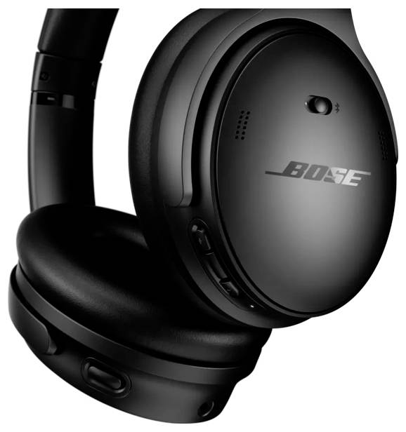 Schwarze Bose Over-Ear-Kopfhörer mit drahtloser Verbindung, ausgestattet mit integrierten Bedienelementen und Markierung, entwickelt für ein immersives Klangerlebnis.