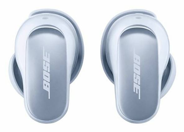 "Bose" silberne, schlanke kabellose Ohrhörer, Ansicht von oben, mit Markenlogo auf jedem Ohrhörer.