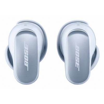 "Bose" silberne, schlanke kabellose Ohrhörer, Ansicht von oben, mit Markenlogo auf jedem Ohrhörer.