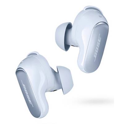 Zwei graue kabellose Ohrhörer mit dem 'Bose'-Logo an den Seiten, vor einem einfarbigen weißen Hintergrund, die ihr Design und ihre Form zeigen.