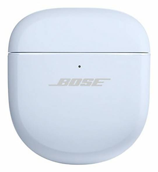 Hellblauer Earbud-Ladeetui mit 'Bose'-Logo auf der Vorderseite.
