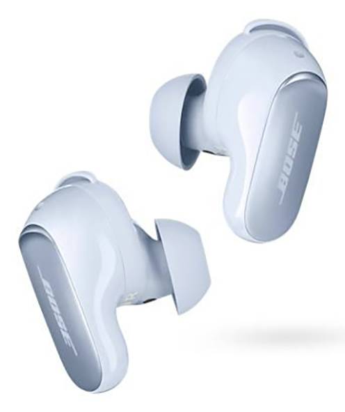 Hellblaue kabellose Ohrhörer mit dem Bose-Logo, von der Seite betrachtet.