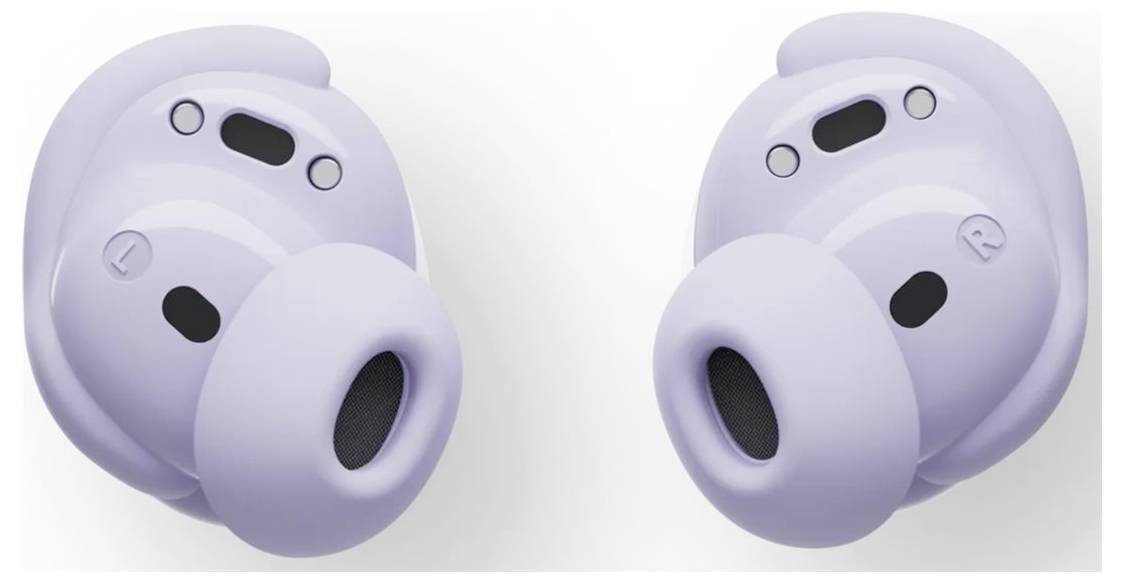 Lila kabellose Ohrhörer, mit 'L' und 'R' gekennzeichnet, mit ergonomischem Design für einen bequemen Sitz und kleinen schwarzen Sensoren, die auf der Außenfläche sichtbar sind.