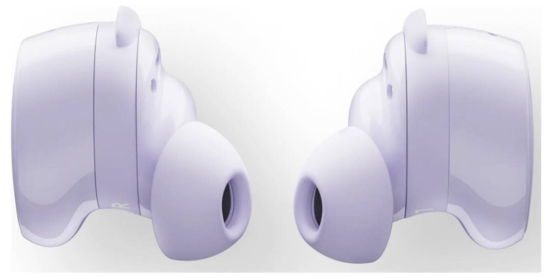 Nahaufnahme von zwei hellvioletten drahtlosen Ohrhörern, die leicht zueinander geneigt sind und ihr In-Ear-Design präsentieren.