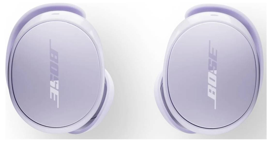 Kabellose Ohrhörer mit minimalistischem Design in hellem Lila, mit dem Bose-Logo auf jedem Hörer.