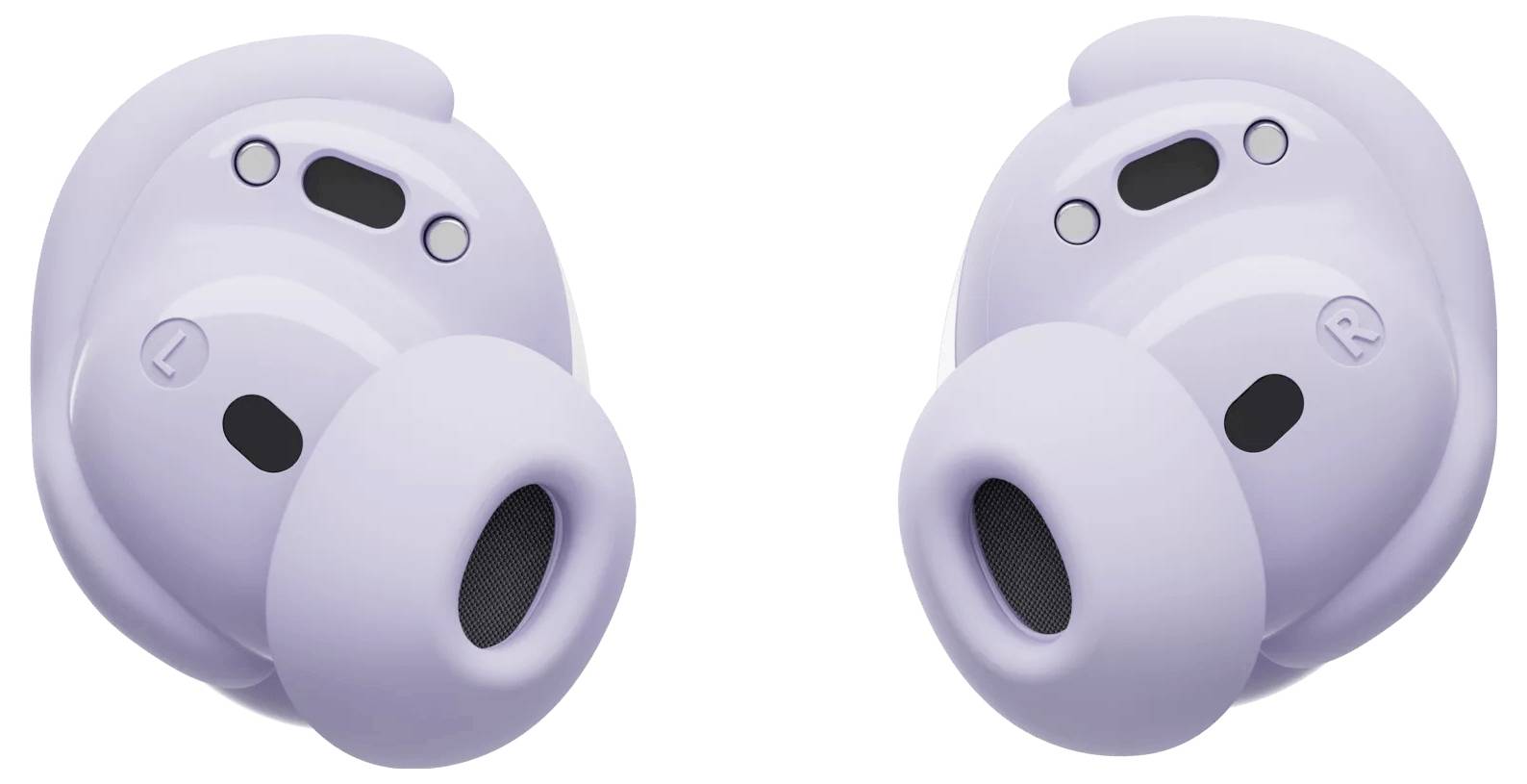 Zwei lila kabellose Ohrhörer, mit 'L' und 'R' gekennzeichnet, die ein ergonomisches Design und Silikonspitzen für einen bequemen Sitz und hochwertige Soundqualität präsentieren.