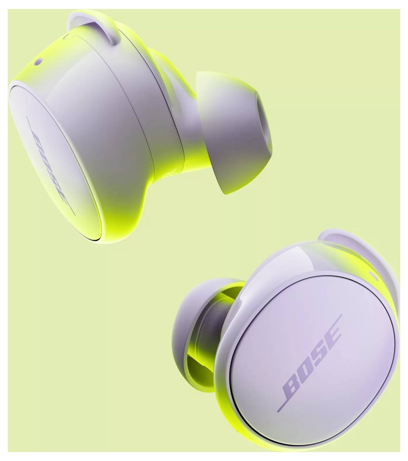 Ohrhörer in einem hellen Grünton mit 'Bose' Branding, die vor einem passenden hellen grünen Hintergrund gezeigt werden.