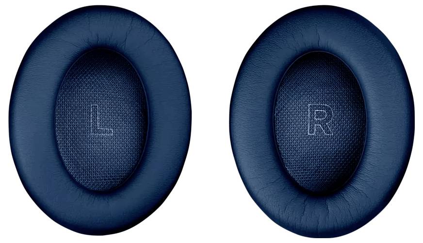 Blaue Kopfhörer-Ohrpolster mit den Aufschriften 'L' und 'R' für die linke und rechte Seite.