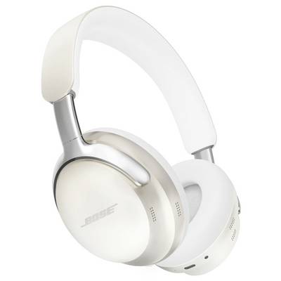Weiße Over-Ear-Bose-Kopfhörer mit silbernem Akzent am Kopfbügel, entwickelt für Geräuschunterdrückung und komfortables Musikhören.