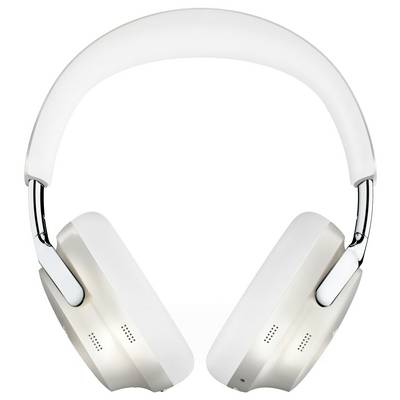 Weiße, Over-Ear-Wireless-Kopfhörer mit gepolsterten Ohrmuscheln und eleganten Metallelementen, frontal auf weißem Hintergrund präsentiert.
