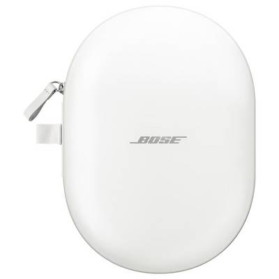 Ovales weißes Etui mit 'Bose' Logo in der Mitte, Reißverschluss und Riemen an der Seite, entwickelt zum Aufbewahren und Schützen von Audiogeräten.