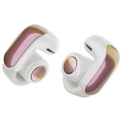 Ein Paar weiße und rosa kabellose Ohrhörer mit elegantem Design, abgerundeten Kanten und reflektierenden Oberflächen.