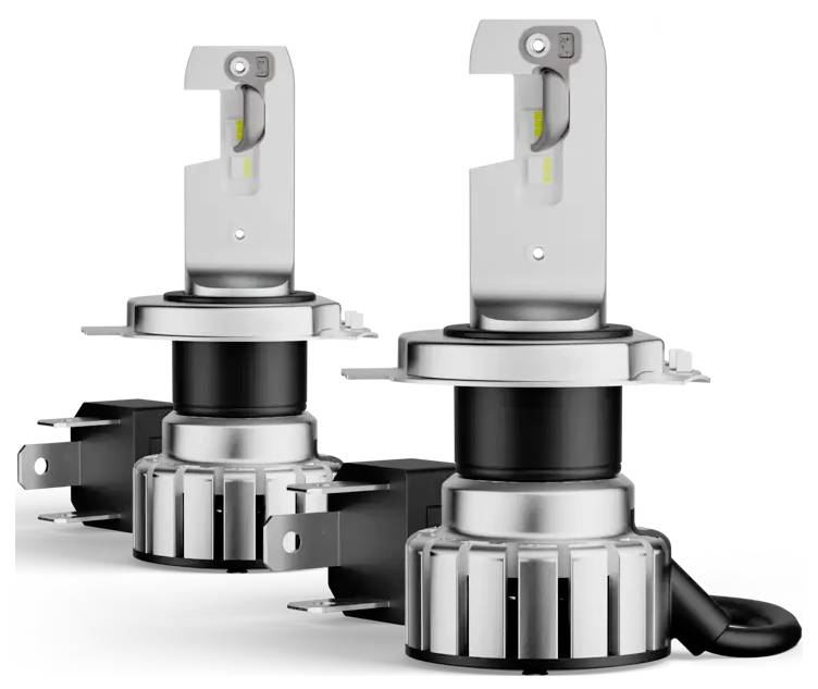 Zwei LED-Scheinwerferlampen mit silbernen und schwarzen Komponenten, für den Automobilbereich konzipiert, die die kompakte Struktur und metallische Oberfläche zeigen.