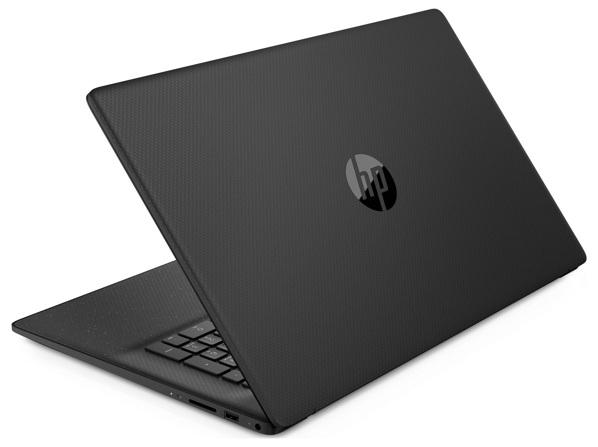 Ein schwarzer HP-Laptop, von hinten gesehen, leicht geöffnet, der das strukturierte Design und das HP-Logo in der Mitte des Deckels präsentiert.