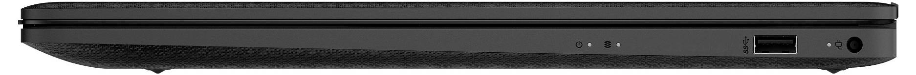 Seitenansicht eines geschlossenen schwarzen Laptops mit USB-Anschluss und Kontrollleuchten.