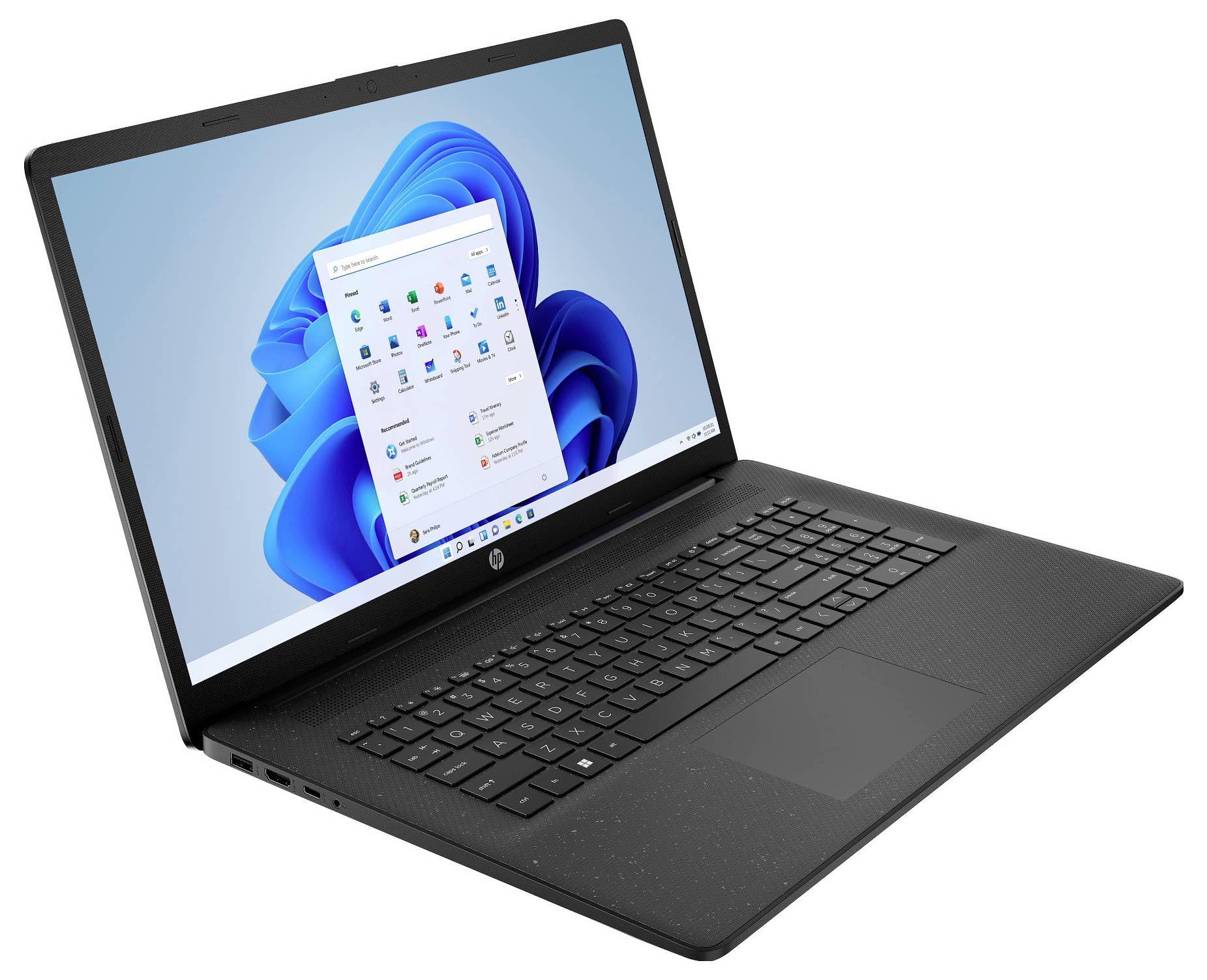 Ein schwarzer Laptop, der den Windows 11 Startbildschirm mit App-Symbolen zeigt, auf einem hellblauen abstrakten Hintergrund.