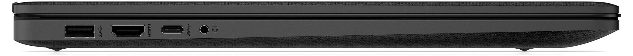 Seitenansicht eines geschlossenen schwarzen Laptops mit sichtbaren USB- und HDMI-Anschlüssen auf der linken Seite.