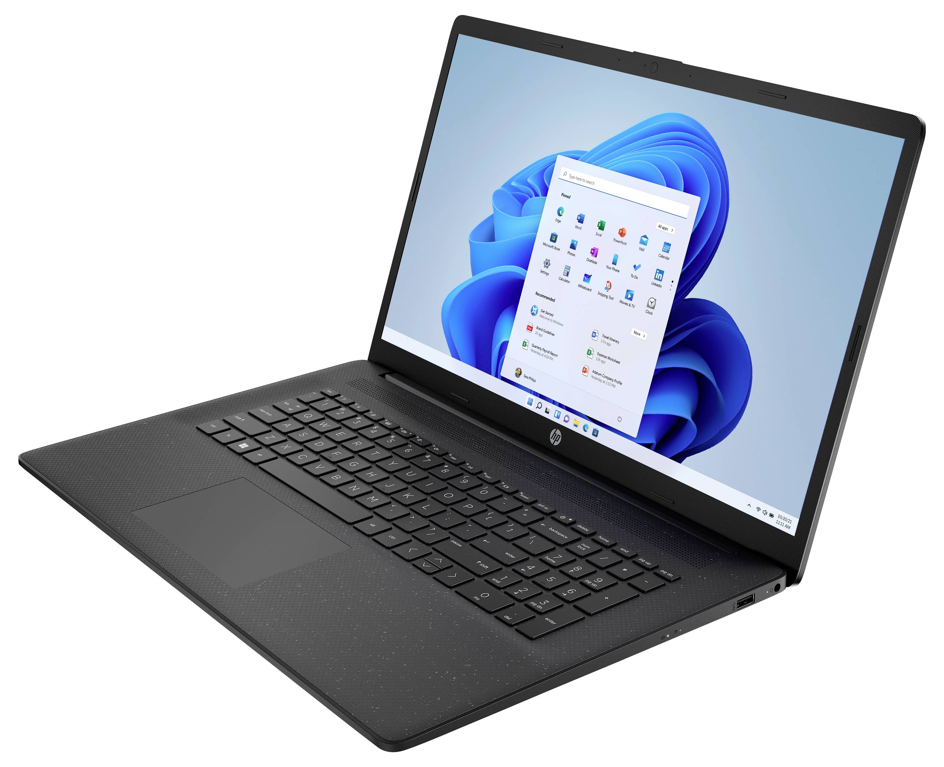 Ein schwarzer Laptop, der den Windows 11 Startbildschirm mit verschiedenen App-Symbolen zeigt. Das Gerät ist geöffnet und leicht nach rechts geneigt, vor einem neutralen Hintergrund.