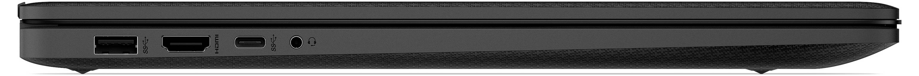 Eine Seitenansicht eines geschlossenen schwarzen Laptops mit USB- und HDMI-Anschlüssen.
