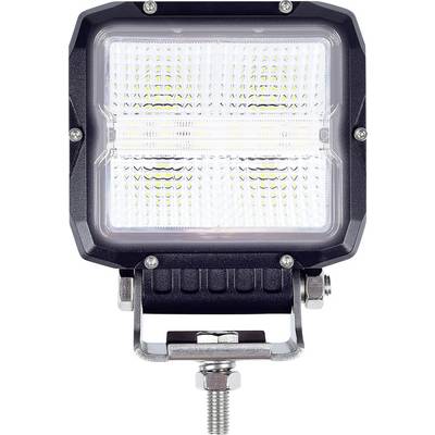 Quadratische LED-Arbeitsleuchte mit schwarzem Rahmen, ausgestattet mit mehreren kleinen LED-Leuchtmitteln, montiert auf einem verstellbaren Halterungsbügel mit Befestigungsbolzen.