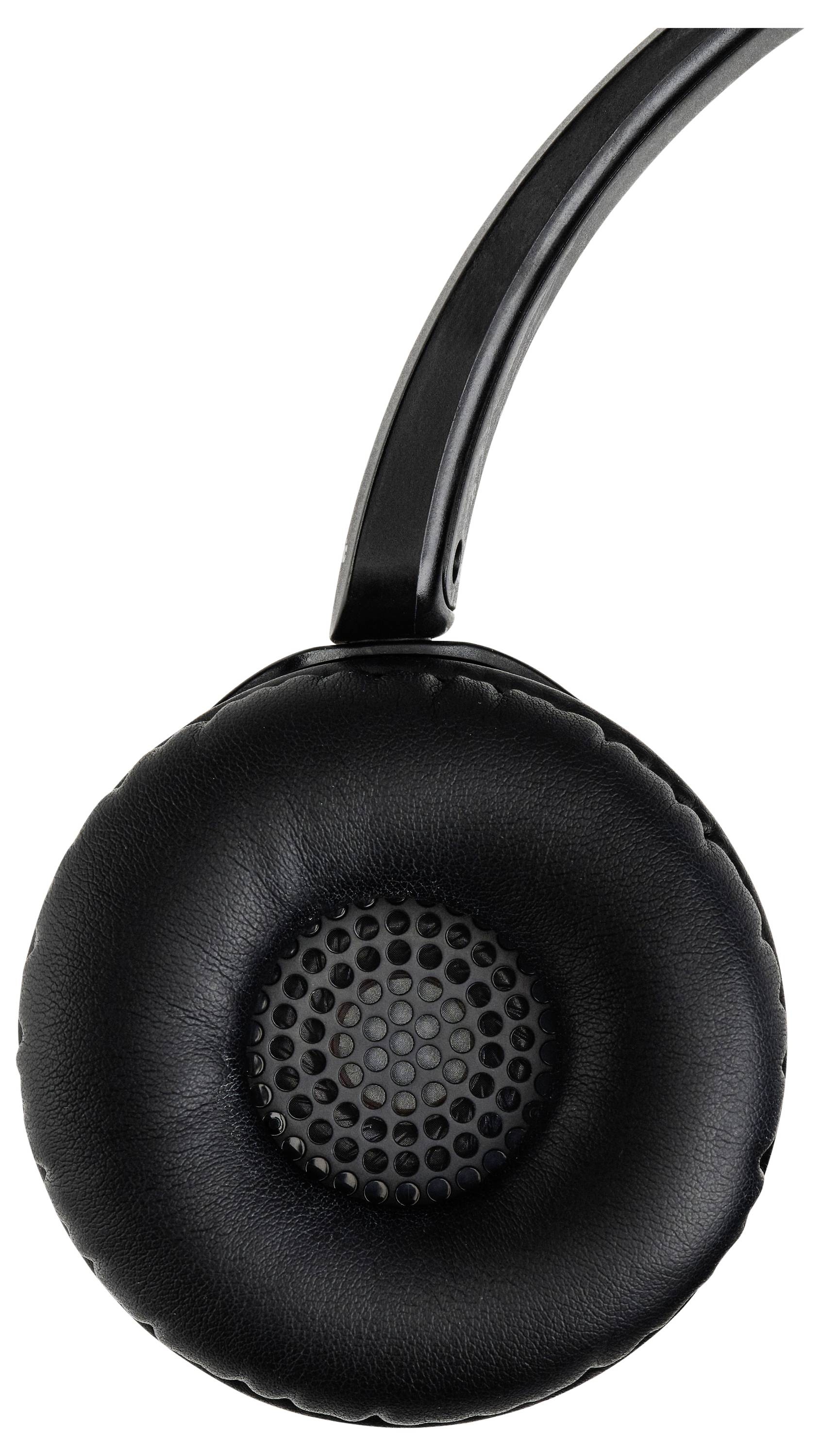 Schwarze Over-Ear-Kopfhörer mit gepolsterten Ohrmuscheln und gelochter Lautsprecherblende, von der Seite betrachtet.