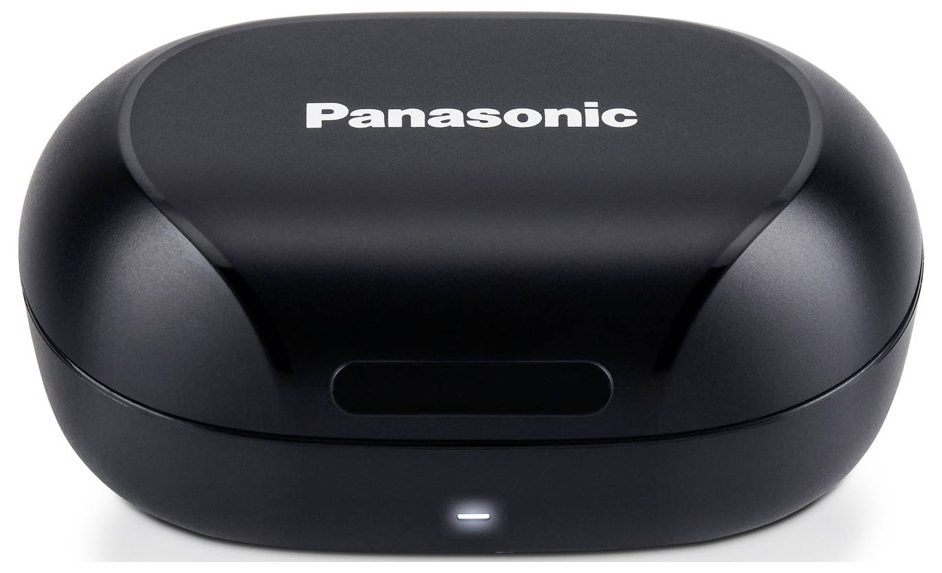 Schwarze kabellose Panasonic In-Ear-Kopfhörer in einer geschlossenen Ladehülle mit weißer LED-Anzeige auf der Vorderseite.