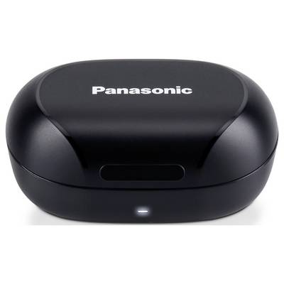Schwarze kabellose Panasonic In-Ear-Kopfhörer in einer geschlossenen Ladehülle mit weißer LED-Anzeige auf der Vorderseite.