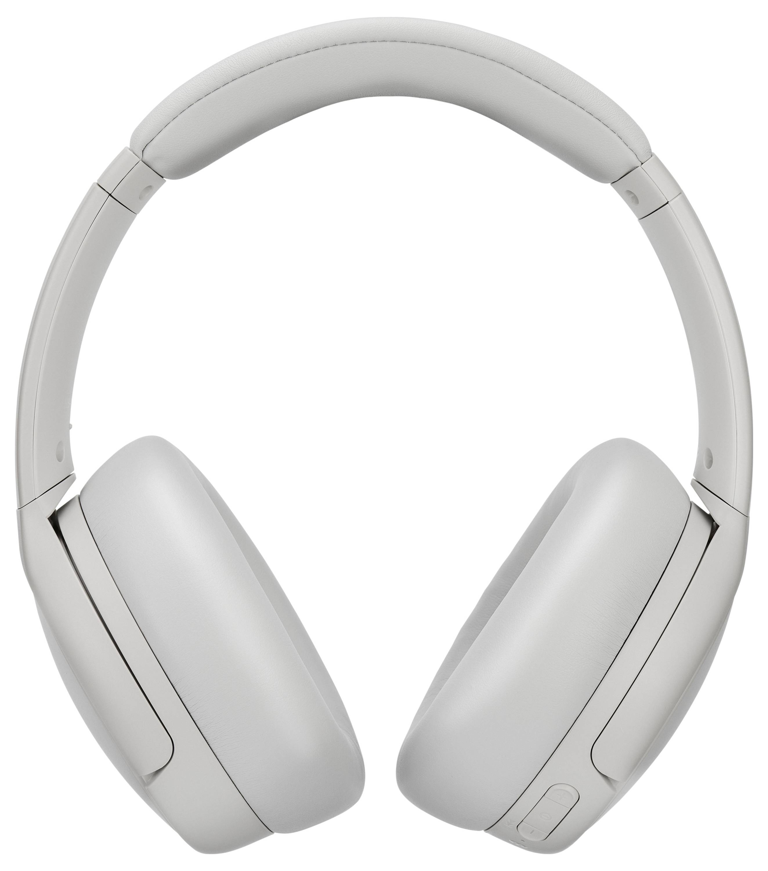Weiße Over-Ear-Funkkopfhörer mit gepolsterten Ohrmuscheln und verstellbarem Kopfbügel, von vorne betrachtet.