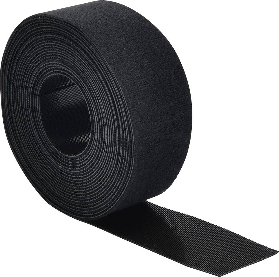 Eine Rolle schwarzes Klettverschlussband, teilweise aufgerollt, wobei die strukturierte Oberfläche zum Zusammenhalten von Materialien sichtbar ist.