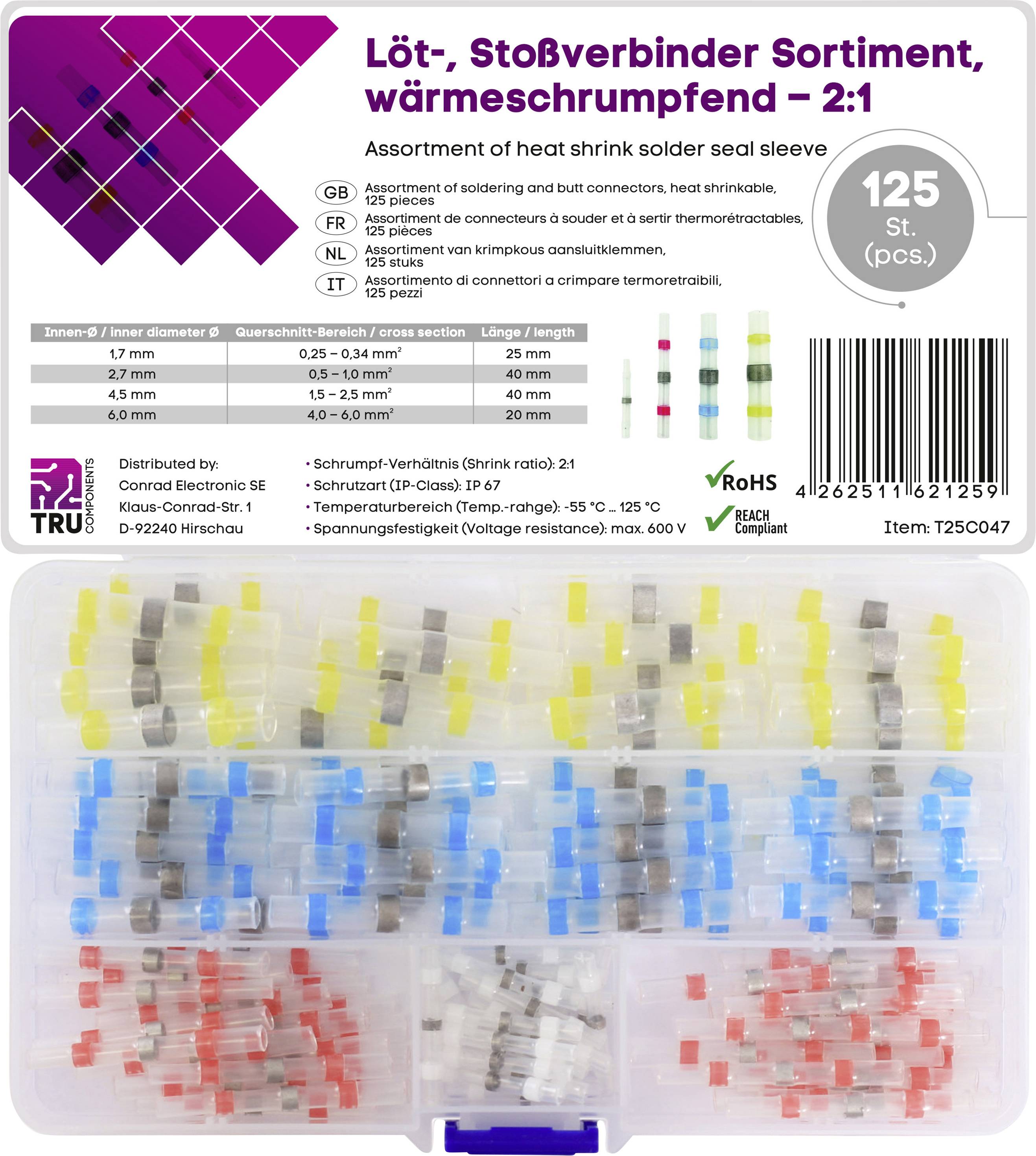 TRU COMPONENTS T25C047 Stoßverbinder mit Schrumpfschlauch 0.25 mm² 6.0 mm² Vollisoliert Weiß, Rot, Blau, Gelb 125 St.