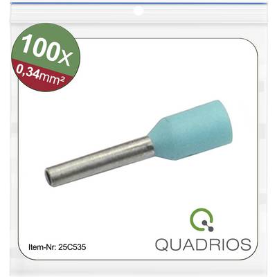 Ein Paket mit einem blauen Ferrule-Connector, beschriftet mit '100x 0,34mm²', mit dem Markennamen 'QUADRIOS' und der Artikelnummer 25C535.