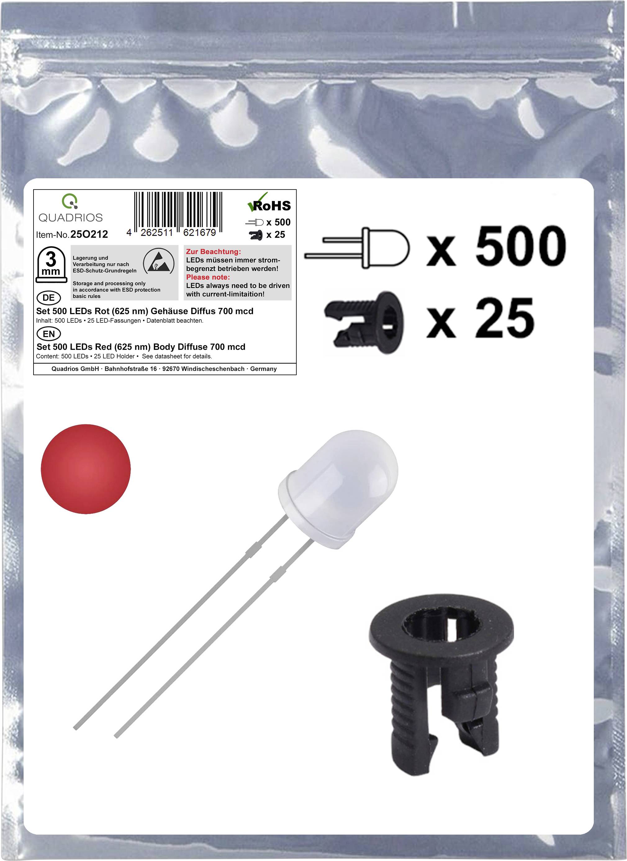 Quadrios 25O212 LED-Sortiment Rot Rund 3 mm 700 mcd 20 mA 2.0 V