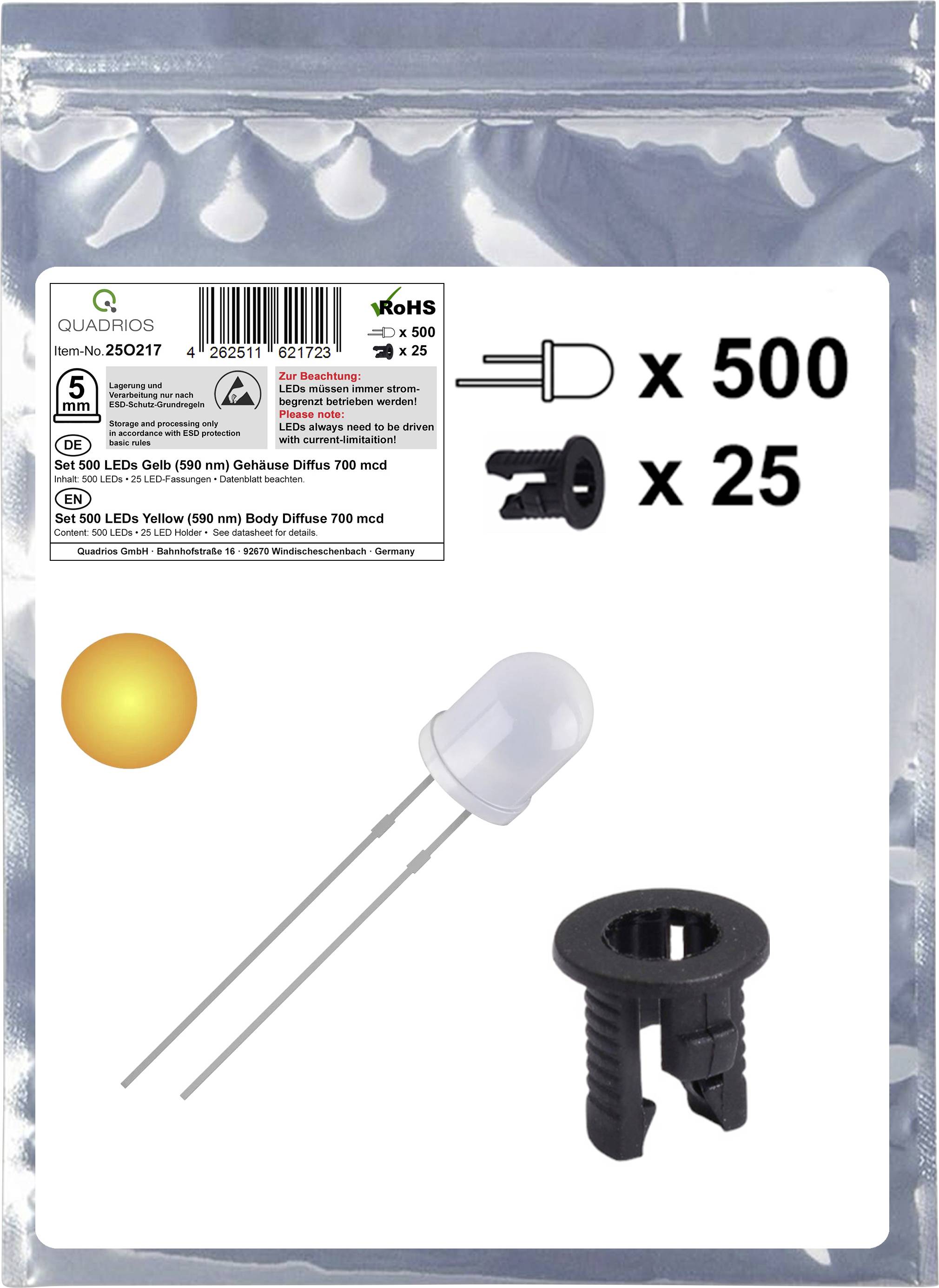 Quadrios 25O217 LED-Sortiment Gelb Rund 5 mm 700 mcd 20 mA 2.0 V