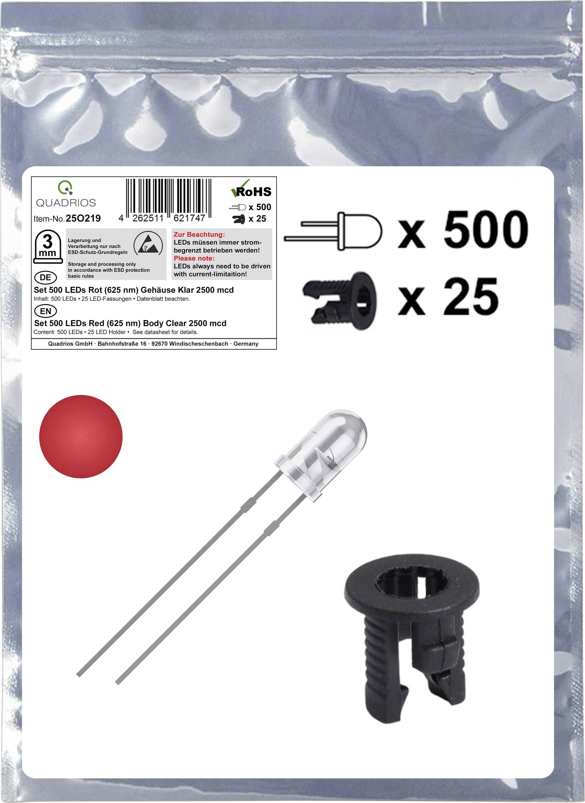 Quadrios 25O219 LED-Sortiment Rot Rund 3 mm 2500 mcd 20 mA 2.0 V