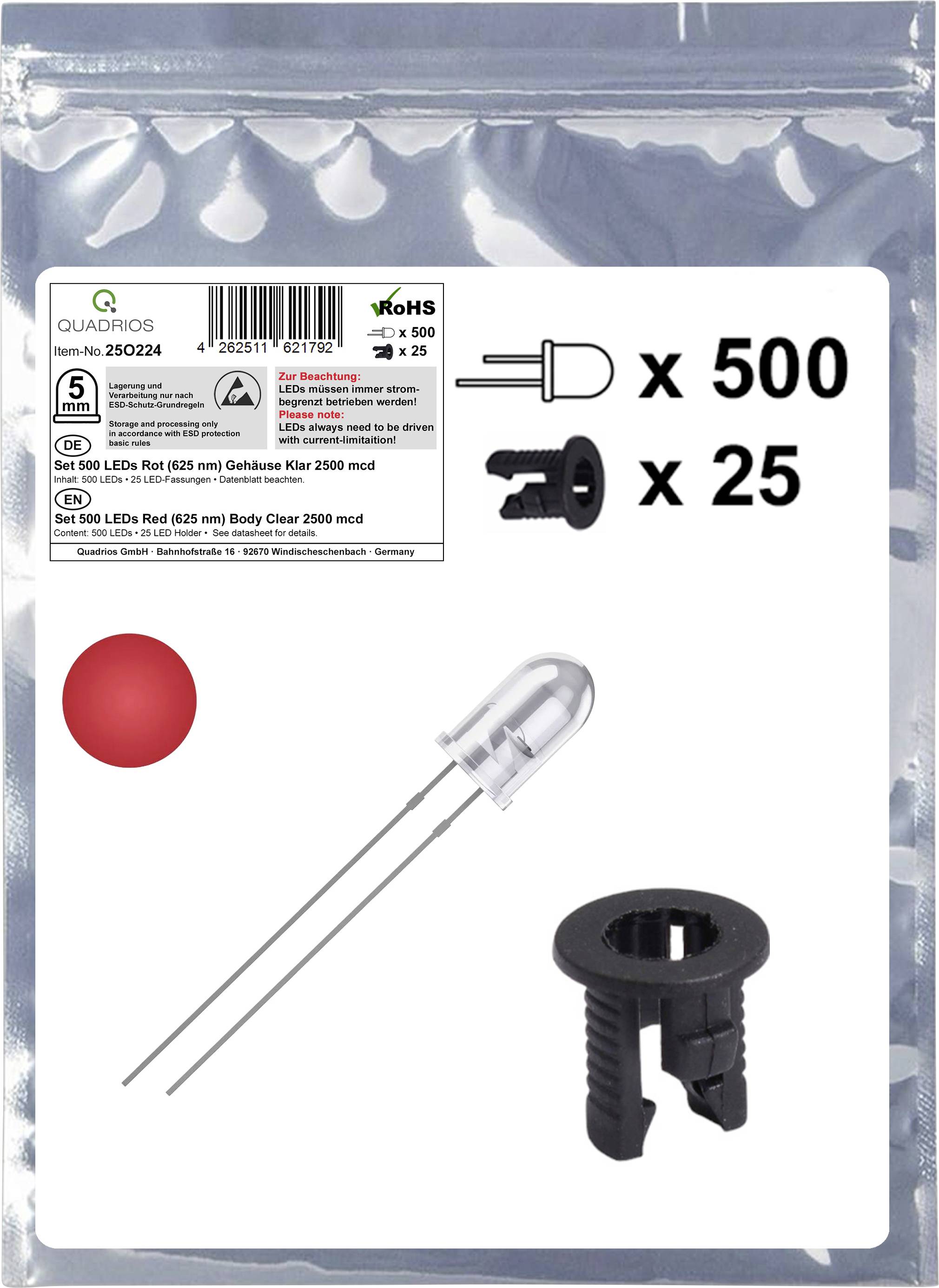 Quadrios 25O224 LED-Sortiment Rot Rund 5 mm 2500 mcd 20 mA 2.0 V