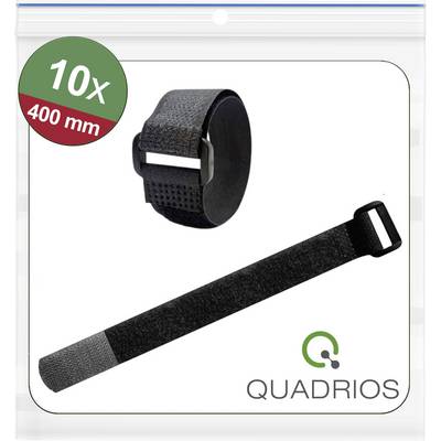 Schwarze Kabelbinder der Marke 'Quadrios' im 10er-Pack, jeweils 400 mm lang, dargestellt in gesicherter Bündelform und ausgestreckter Form.