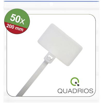 Kabelbinder der Marke 'Quadrios', 200 mm Länge, Packung mit 50 Stück, mit rechteckiger Beschriftungsfläche. Verpackung zeigt ein detailliertes Bild eines Kabelbinders.
