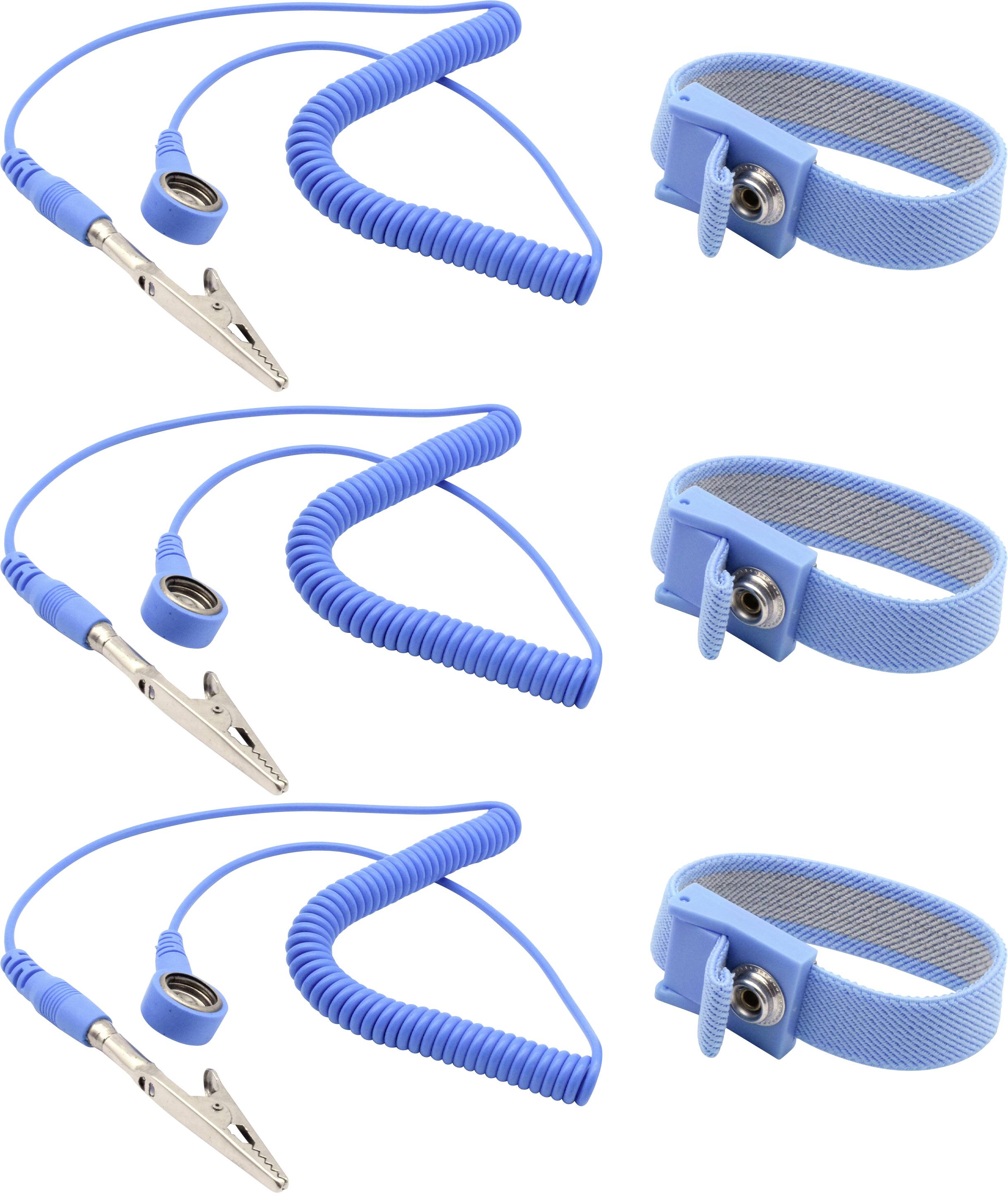 Drei blaue antistatische Handgelenkbänder in Reihen angeordnet, wobei jedes Set eine Spiralschnur, einen Krokodilklemmen-Anschluss und einen verstellbaren Riemen aufweist.