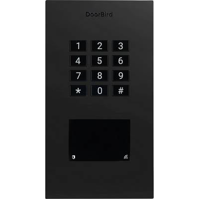 Eine schwarze Tastatur mit Zahlen und Symbolen, mit einem kleinen Bildschirm darunter. Oben steht 'DoorBird.'