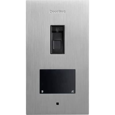 Ein metallisches DoorBird Gegensprechanlage-Gerät mit Kamera, Lautsprecher und Mikrofon, entwickelt für sicheren Zutritt und Kommunikation.