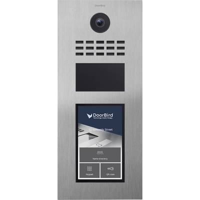 Türeingangssystem mit Kamera, Lautsprecher und Touchscreen, der die 'DoorBird'-Benutzeroberfläche anzeigt. Zeigt Optionen für Namensverzeichnis, Tastatur und QR-Code.