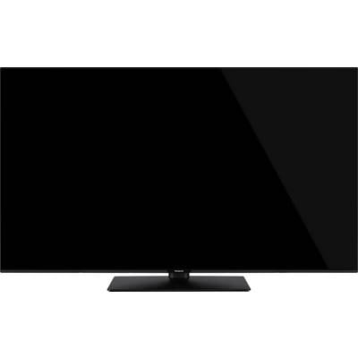 Ein Flachbildschirm-Fernseher mit schwarzem Bildschirm und elegantem, modernem Design.