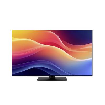 Ein flacher Bildschirm-Fernseher, von hinten betrachtet, mit seinem Ständer und Anschlussports.