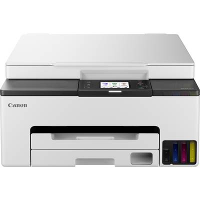 Ein weißer Canon Multifunktionsdrucker mit einem LCD-Bildschirm und sichtbaren Tintenpatronen an der Vorderseite, die schwarz, cyan, magenta und gelb zeigen.