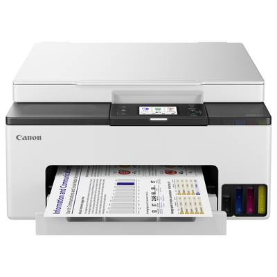 Ein weißer Canon-Drucker mit einem teilweise gedruckten Farbdokument, das Diagramme und Text zeigt. Der Drucker verfügt über ein LCD-Bedienfeld.