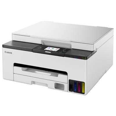 Ein weißer Drucker mit einer digitalen Anzeige und sichtbaren Tintenpatronen-Einschüben an der Vorderseite. Das Markenlogo ist in der oberen Ecke zu sehen.